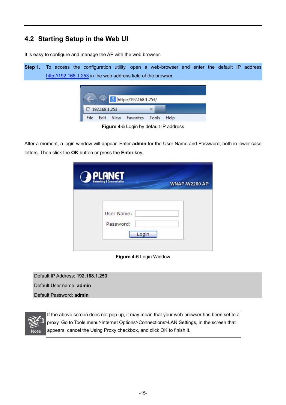 2 starting setup in the web ui, Starting setup in the web ui, Igure | Ogin by default, Address, Ogin, Indow | PLANET WNAP-W2200 User Manual | Page 23 / 63