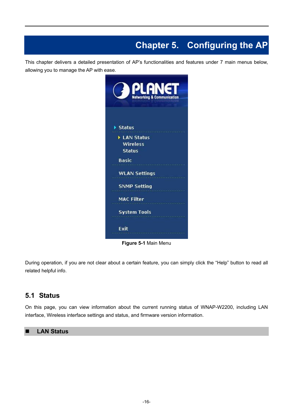 Chapter 5. configuring the ap, 1 status, Chapter 5 | Configuring the ap, Status, Igure | PLANET WNAP-W2200 User Manual | Page 24 / 63