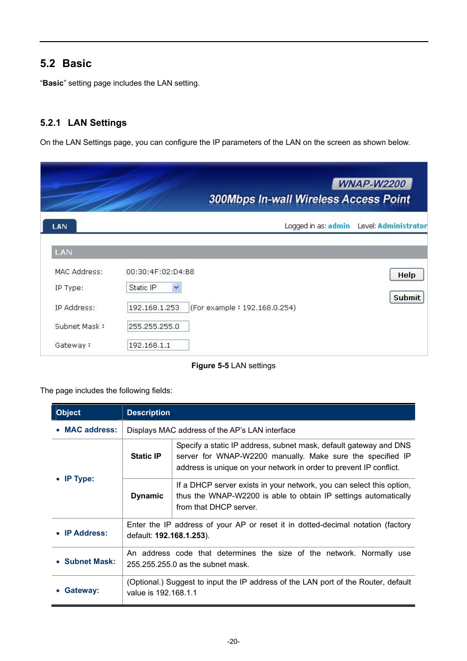 2 basic, 1 lan settings, Basic | Lan settings, Igure, Settings | PLANET WNAP-W2200 User Manual | Page 28 / 63