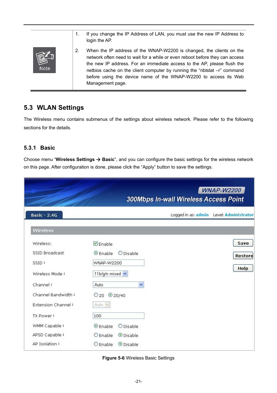 3 wlan settings, 1 basic, Wlan settings | Basic, Igure, Ireless, Asic, Ettings | PLANET WNAP-W2200 User Manual | Page 29 / 63