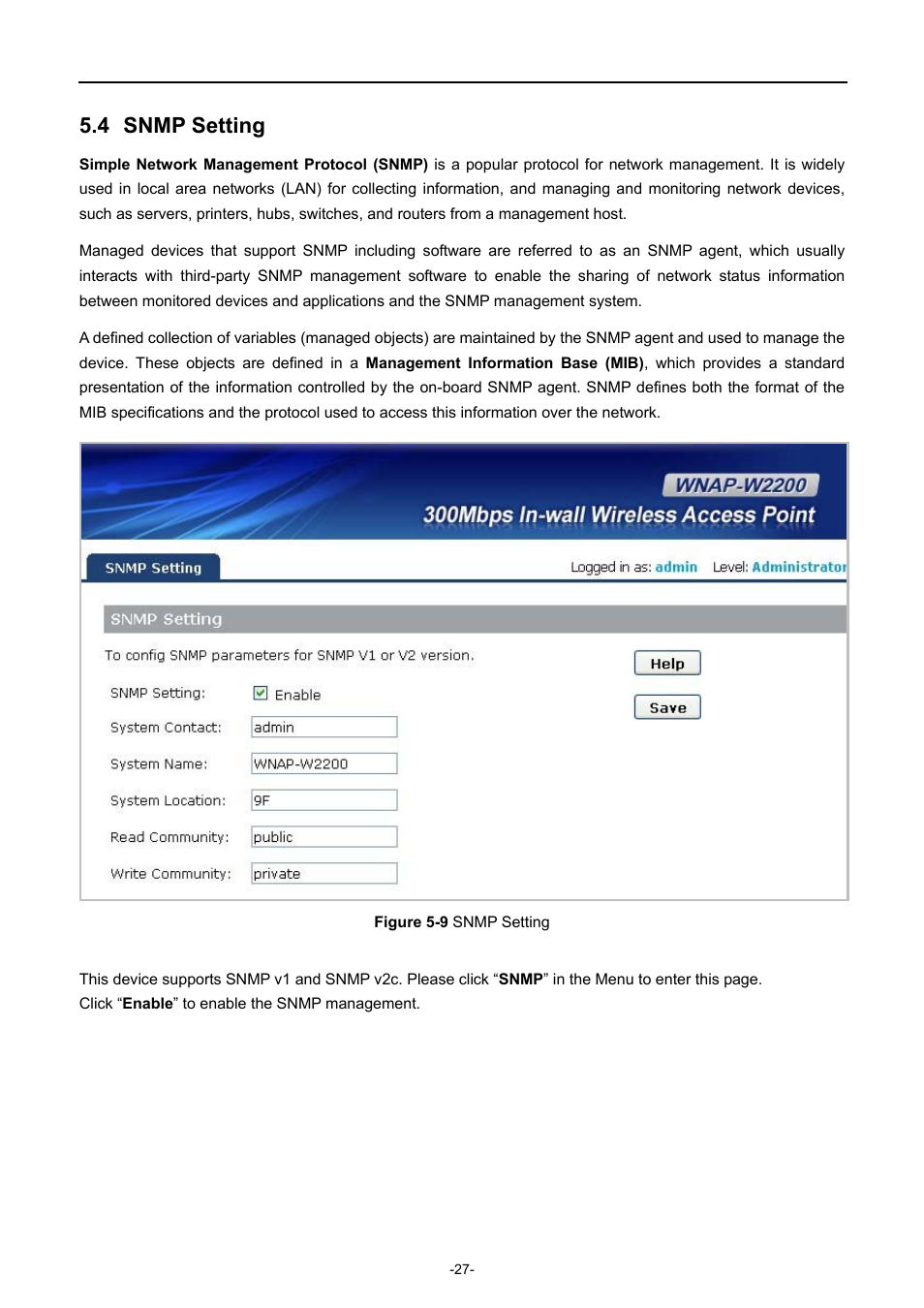 4 snmp setting, Snmp setting, Igure | Snmp, Etting | PLANET WNAP-W2200 User Manual | Page 35 / 63