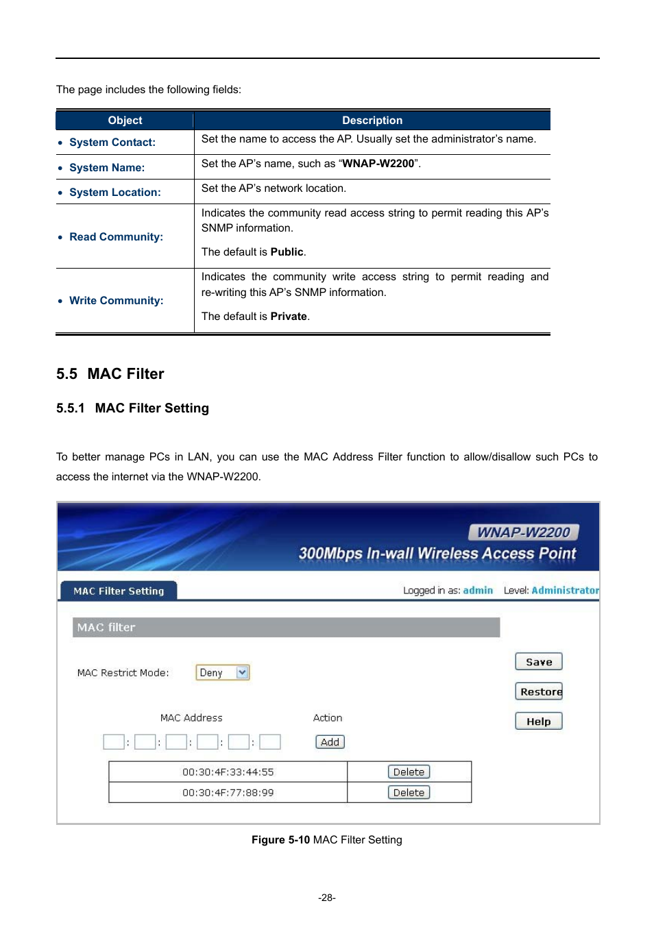 5 mac filter, 1 mac filter setting, Mac filter | Mac filter setting, Igure, Ilter, Etting | PLANET WNAP-W2200 User Manual | Page 36 / 63