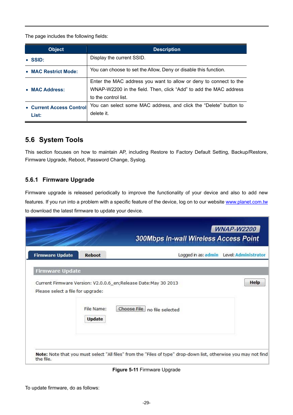 6 system tools, 1 firmware upgrade, System tools | Firmware upgrade, Igure, Irmware, Pgrade | PLANET WNAP-W2200 User Manual | Page 37 / 63