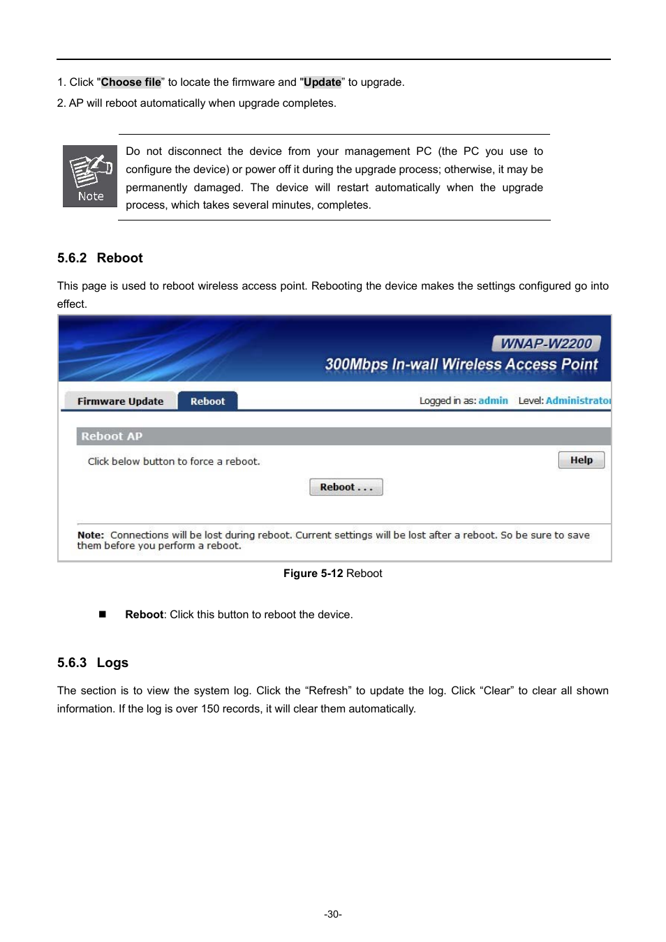 2 reboot, 3 logs, Reboot | Logs, Igure, Eboot | PLANET WNAP-W2200 User Manual | Page 38 / 63