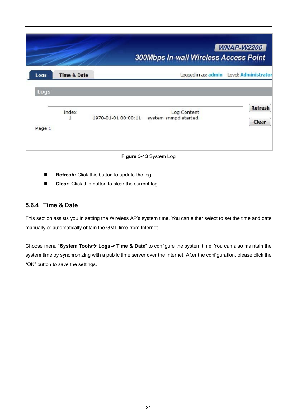 4 time & date, Time & date, Igure | Ystem | PLANET WNAP-W2200 User Manual | Page 39 / 63