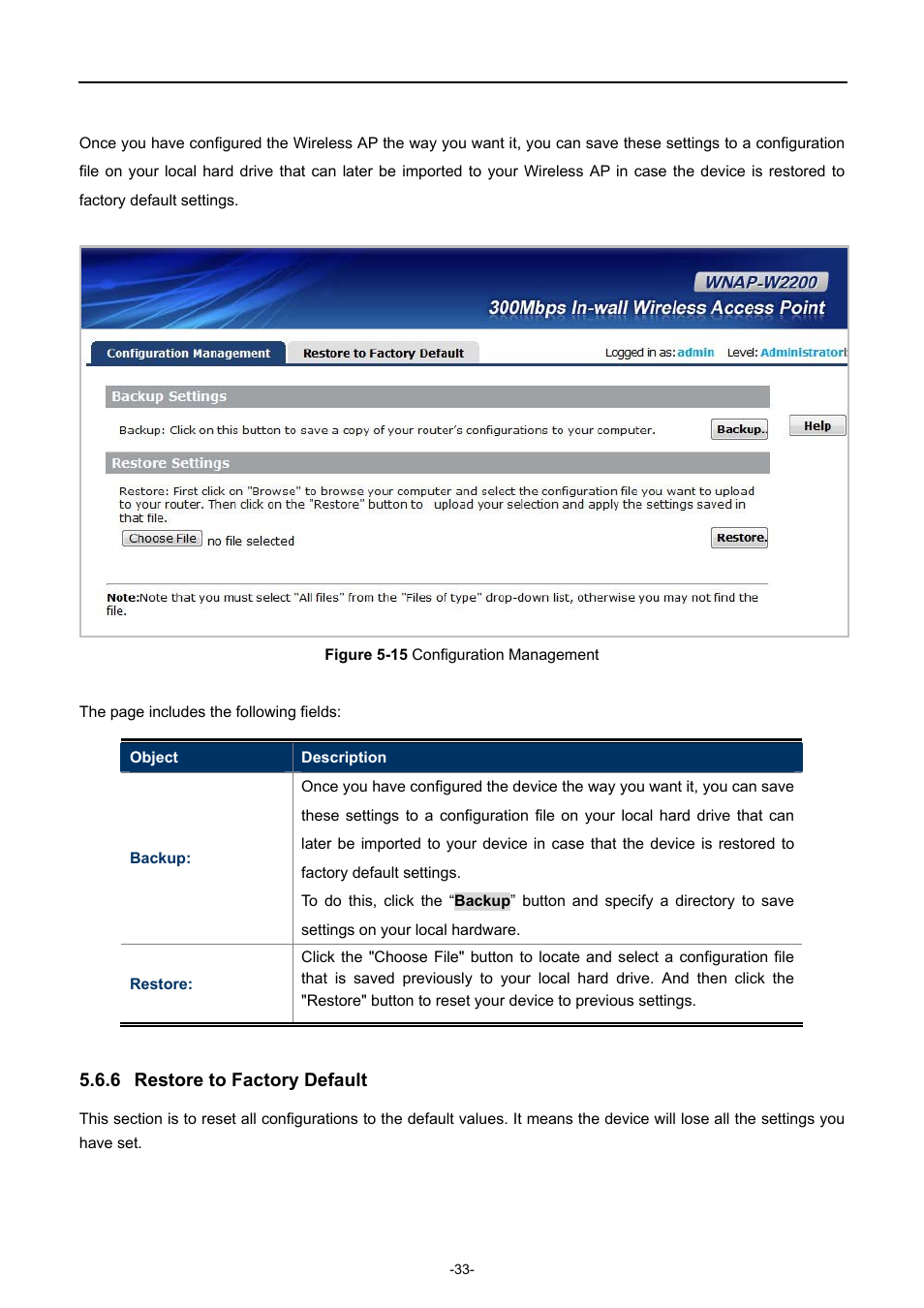6 restore to factory default, Restore to factory default, Igure | Onfiguration, Anagement | PLANET WNAP-W2200 User Manual | Page 41 / 63
