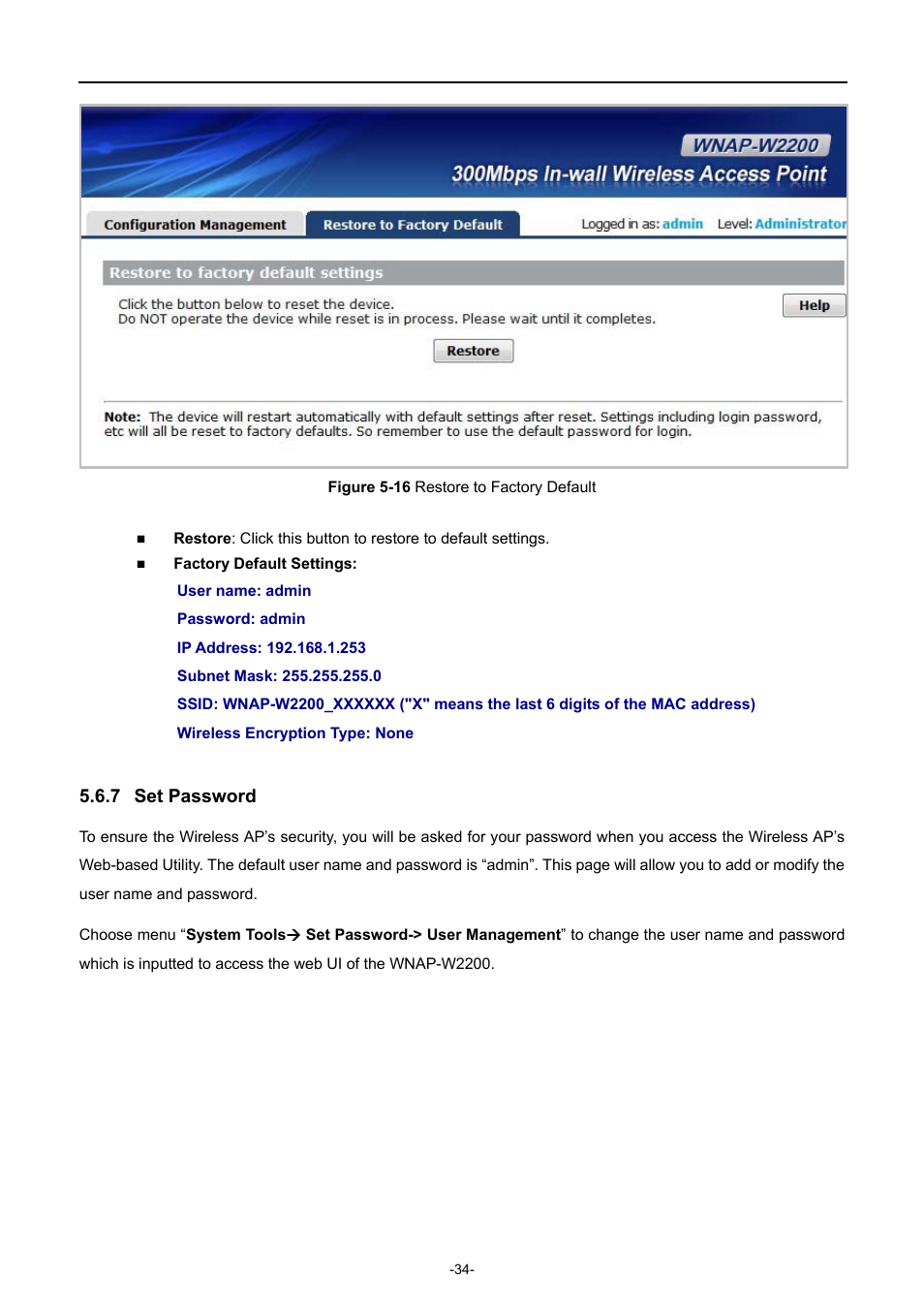 7 set password, Set password, Igure | Estore to, Actory, Efault | PLANET WNAP-W2200 User Manual | Page 42 / 63