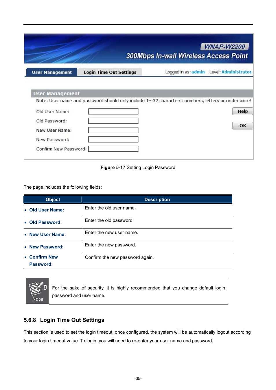 8 login time out settings, Login time out settings, Igure | Etting, Ogin, Assword | PLANET WNAP-W2200 User Manual | Page 43 / 63