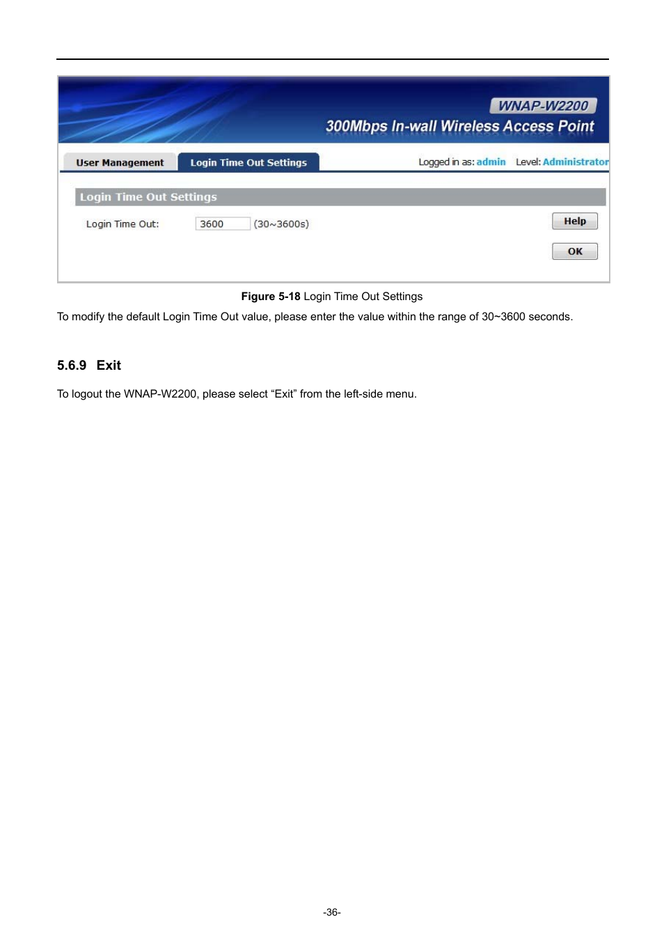 9 exit, Exit, Igure | Ogin, Ettings | PLANET WNAP-W2200 User Manual | Page 44 / 63