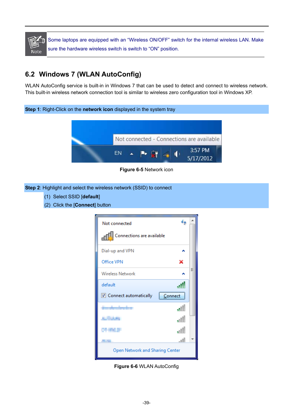 2 windows 7 (wlan autoconfig), Windows 7 (wlan autoconfig), Igure | Etwork icon, Wlan, Onfig | PLANET WNAP-W2200 User Manual | Page 47 / 63
