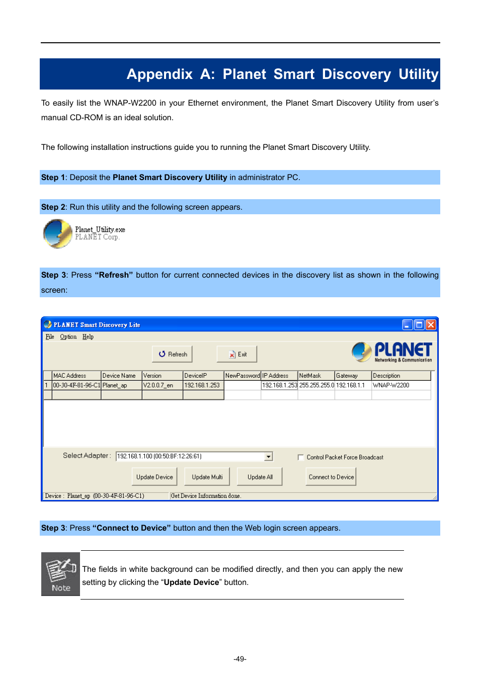 Appendix a: planet smart discovery utility | PLANET WNAP-W2200 User Manual | Page 57 / 63