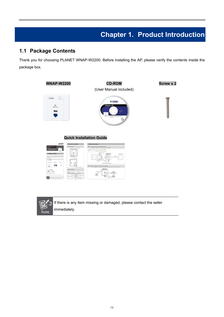 Chapter 1. product introduction, 1 package contents, Chapter 1 | Product introduction, Package contents | PLANET WNAP-W2200 User Manual | Page 9 / 63