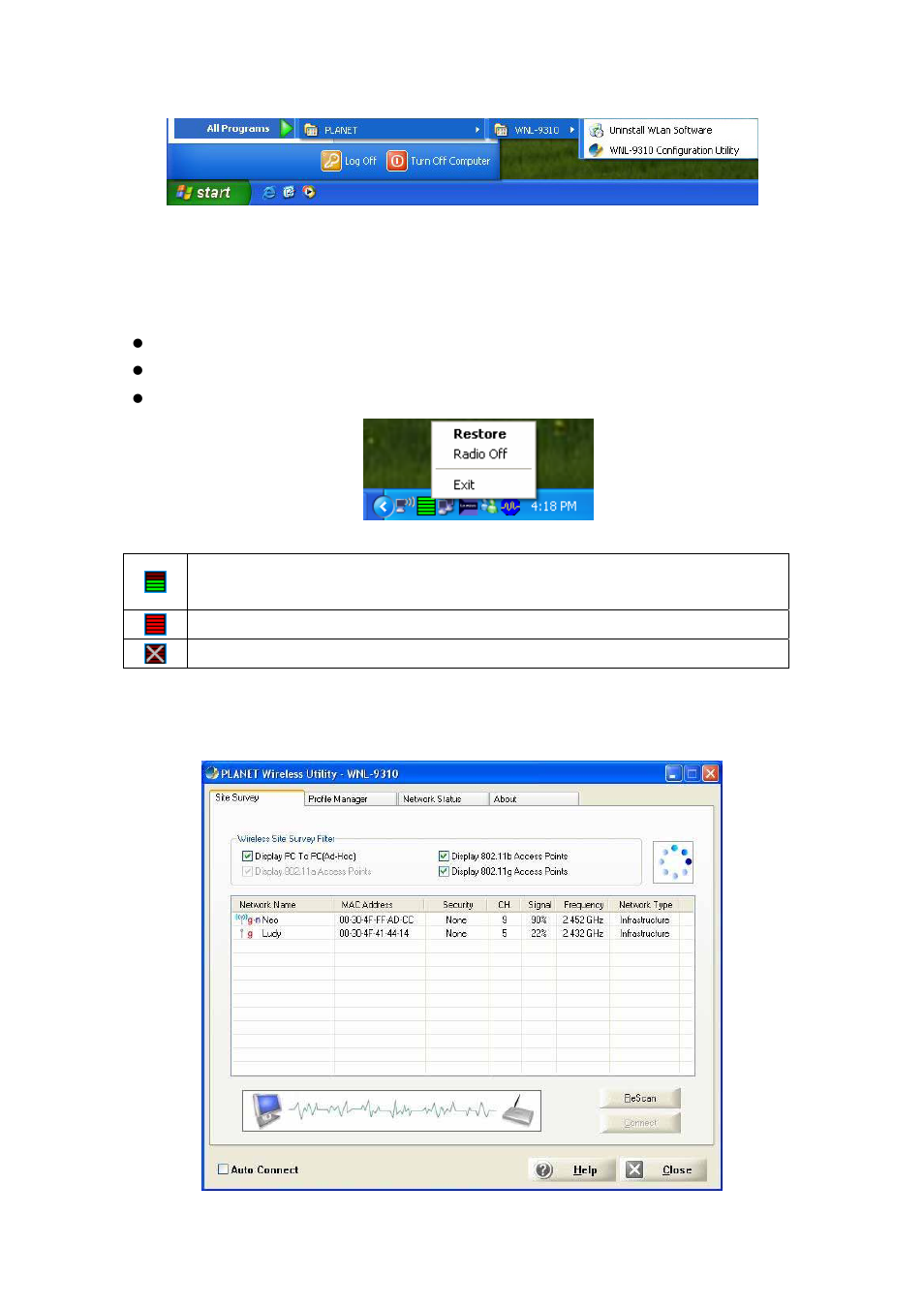 1 status information, 2 site survey | PLANET WNL-9310 User Manual | Page 18 / 30