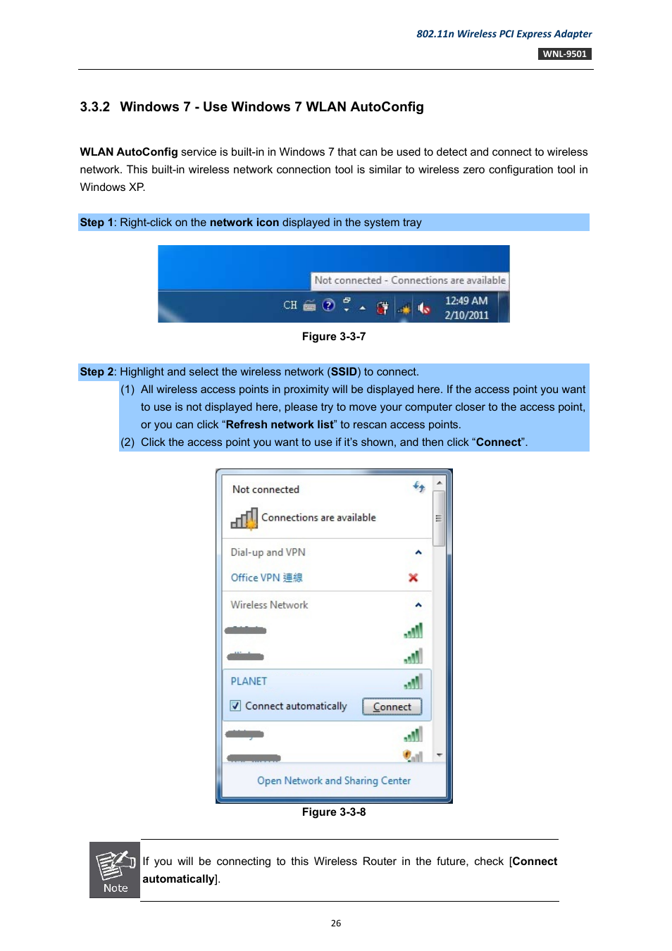 2 windows 7 - use windows 7 wlan autoconfig, Windows 7 - use windows 7 wlan autoconfig | PLANET WNL-9501 User Manual | Page 26 / 45