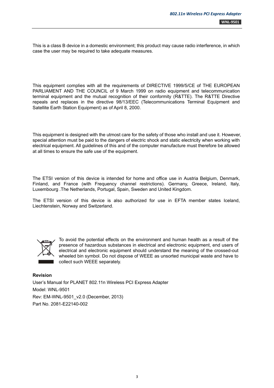 Ce mark warning, R&tte compliance statement, Safety | Eu countries intended for use, Weee regulation | PLANET WNL-9501 User Manual | Page 3 / 45