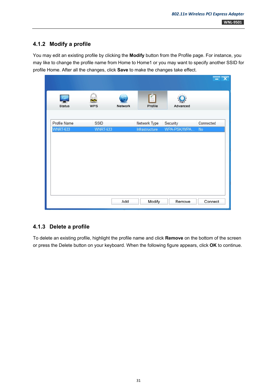 2 modify a profile, 3 delete a profile, Modify a profile | Delete a profile | PLANET WNL-9501 User Manual | Page 31 / 45