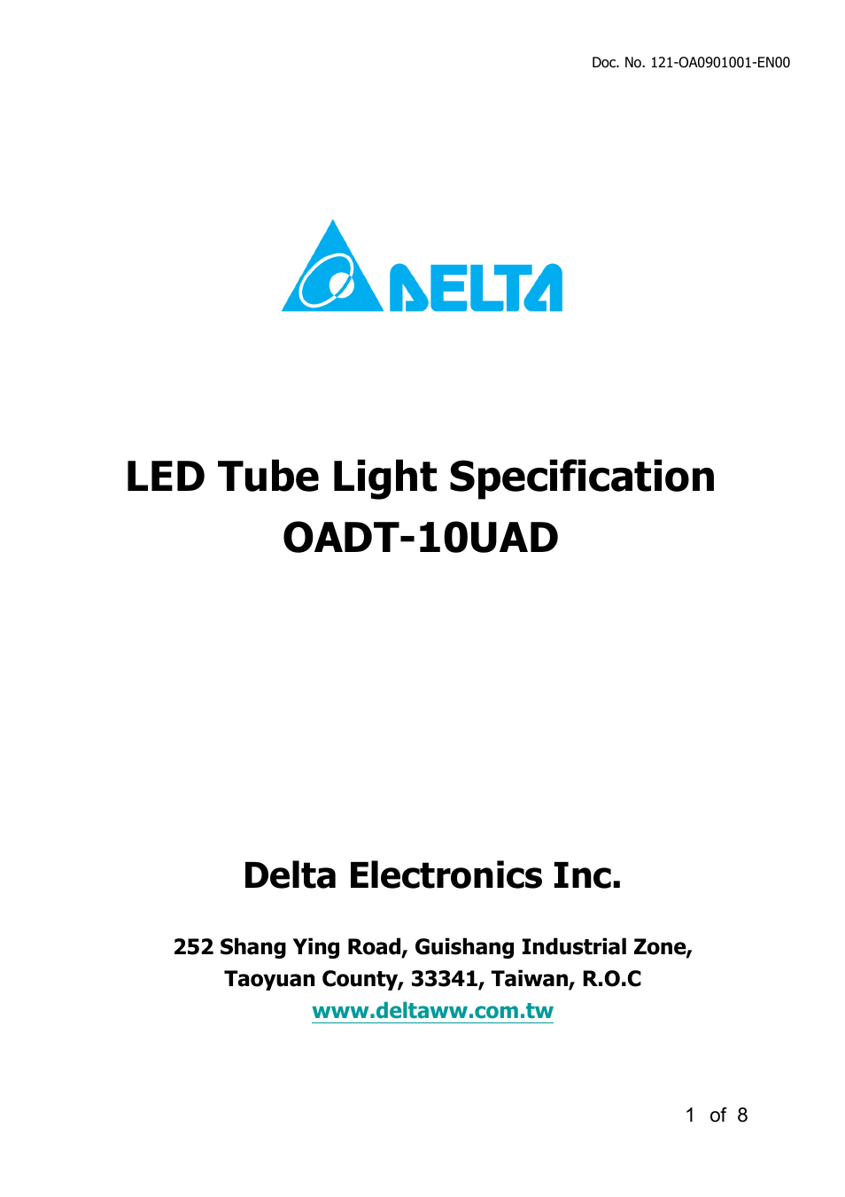 Delta Electronics LED Tube Light OADT-10UAD User Manual | 8 pages