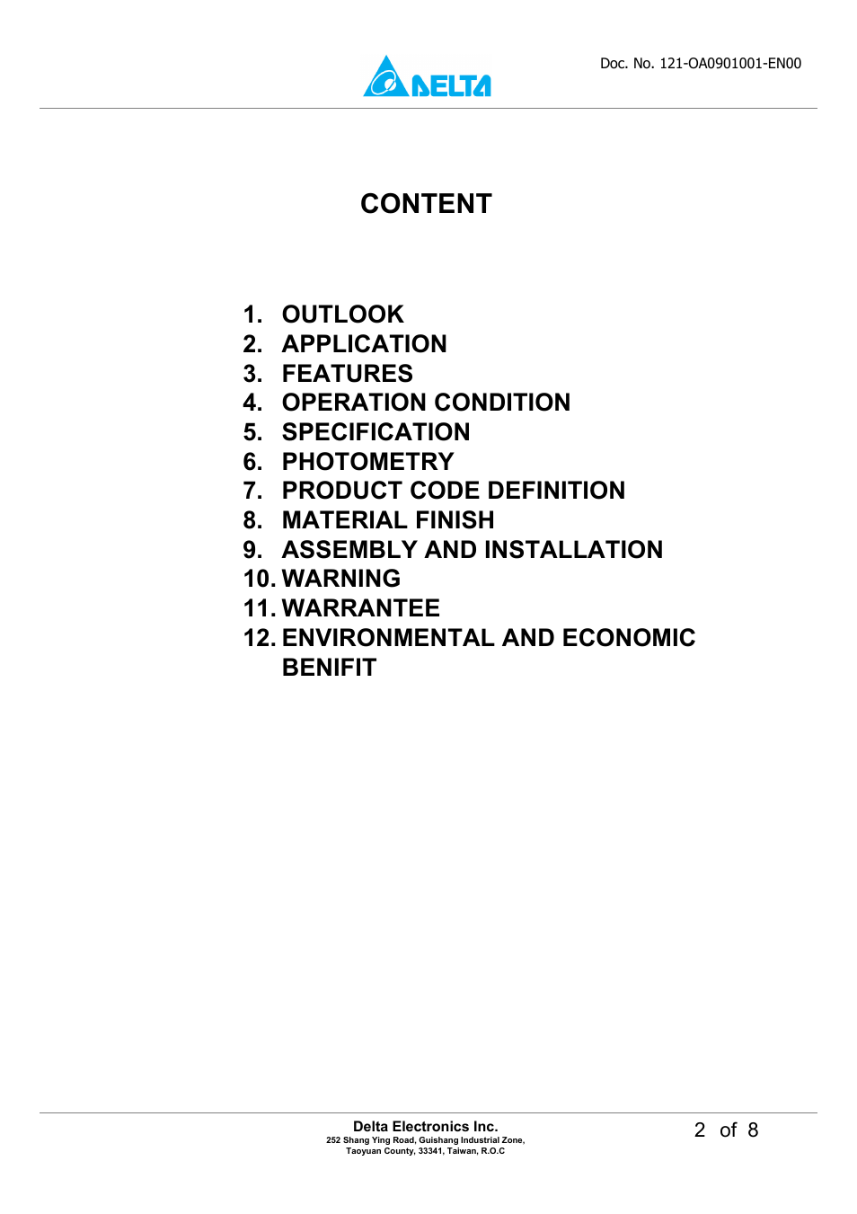 Content | Delta Electronics LED Tube Light OADT-10UAD User Manual | Page 2 / 8