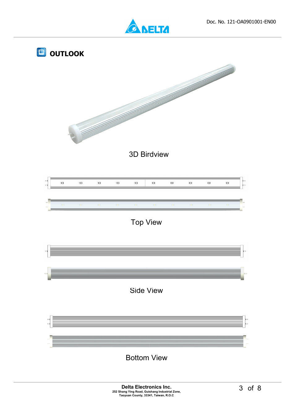 3d birdview top view side view bottom view | Delta Electronics LED Tube Light OADT-10UAD User Manual | Page 3 / 8