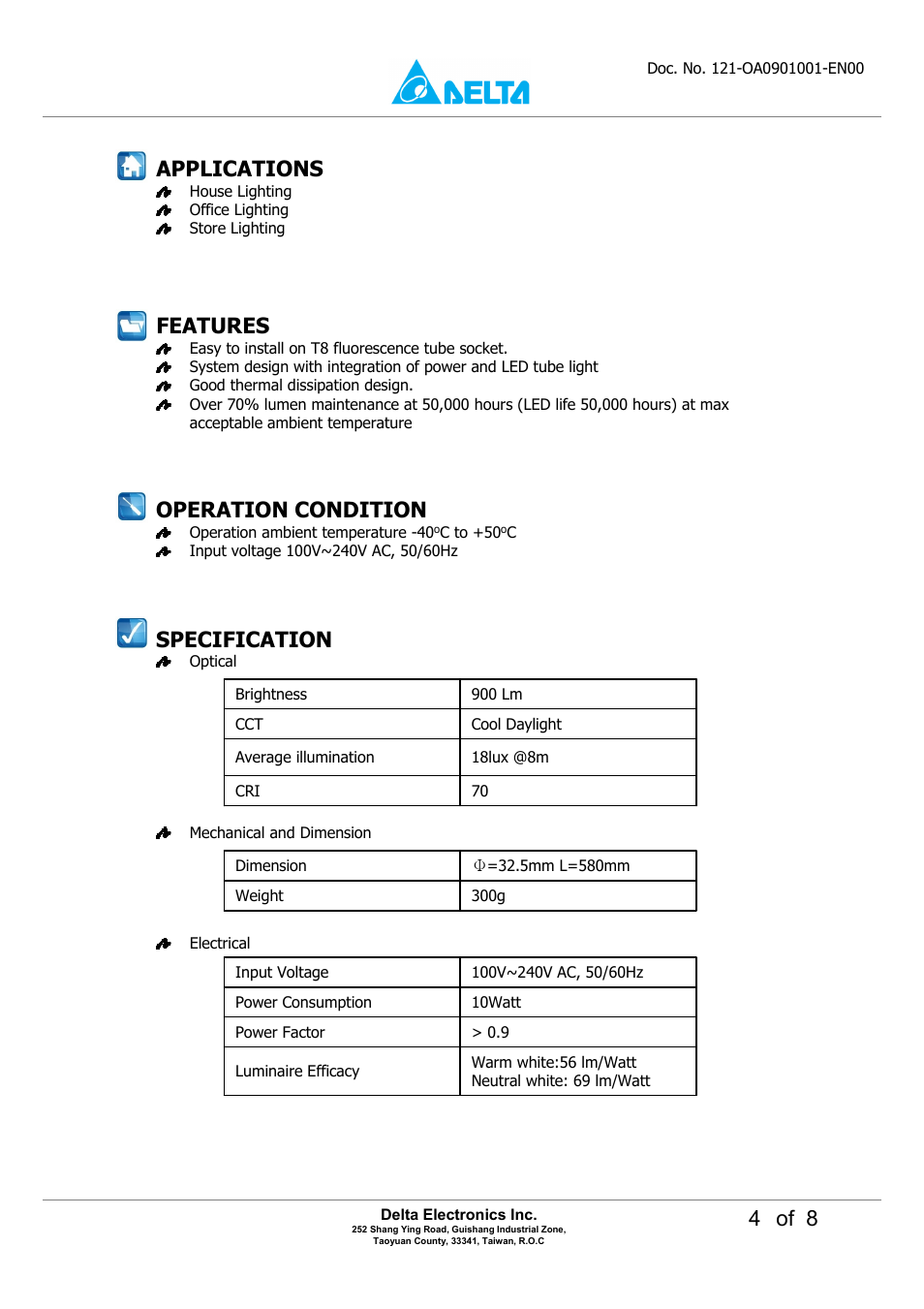 4 of 8, Specification, Operation condition | Applications, Features | Delta Electronics LED Tube Light OADT-10UAD User Manual | Page 4 / 8