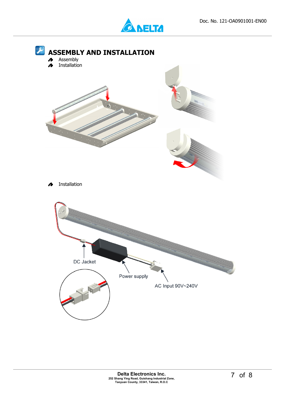 7 of 8, Assembly and installation | Delta Electronics LED Tube Light OADT-10UAD User Manual | Page 7 / 8