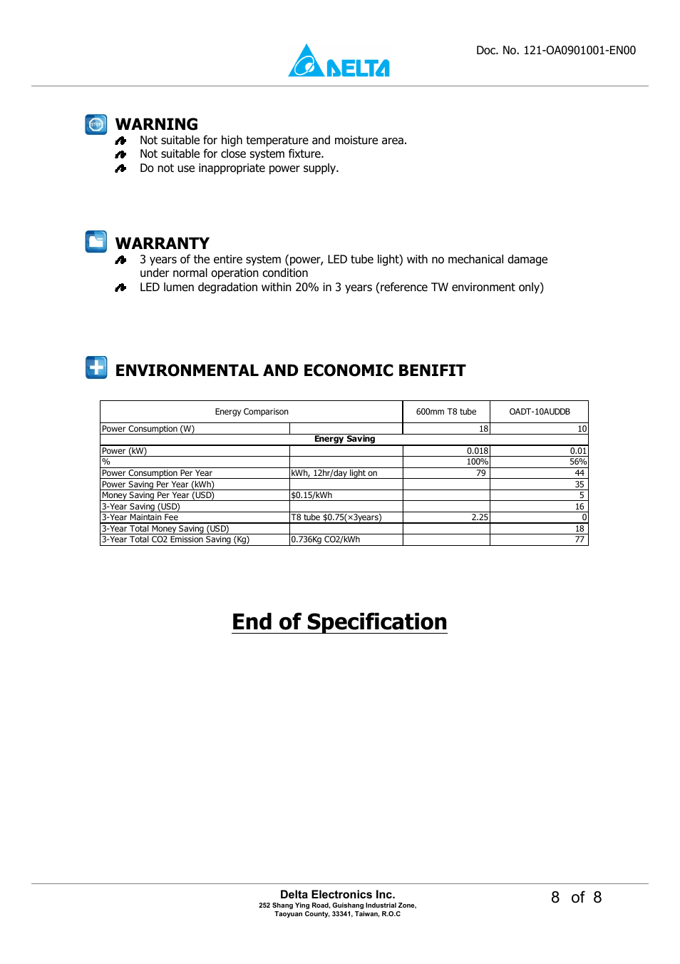 End of specification, 8 of 8, Warning | Warranty, Environmental and economic benifit | Delta Electronics LED Tube Light OADT-10UAD User Manual | Page 8 / 8