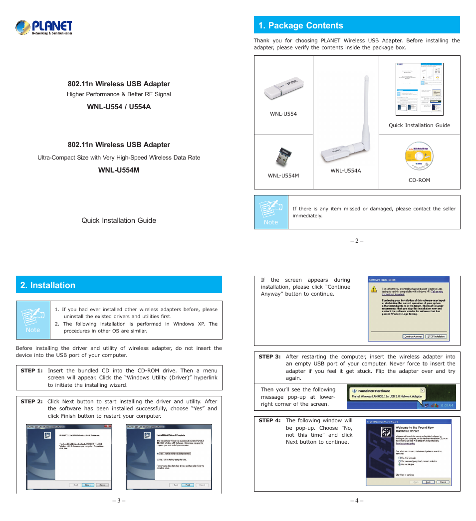 PLANET WNL-U554 User Manual | 2 pages