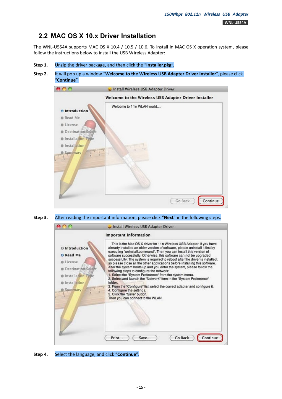 2 mac os x 10.x driver installation, Mac os x 10.x driver installation | PLANET WNL-U554A User Manual | Page 15 / 63