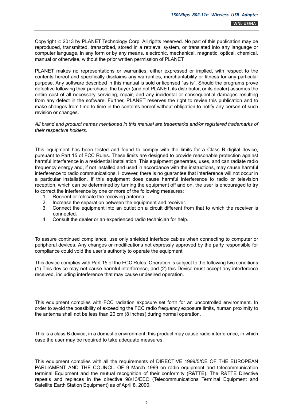 Copyright, Fcc caution, Ce mark warning | R&tte compliance statement | PLANET WNL-U554A User Manual | Page 2 / 63