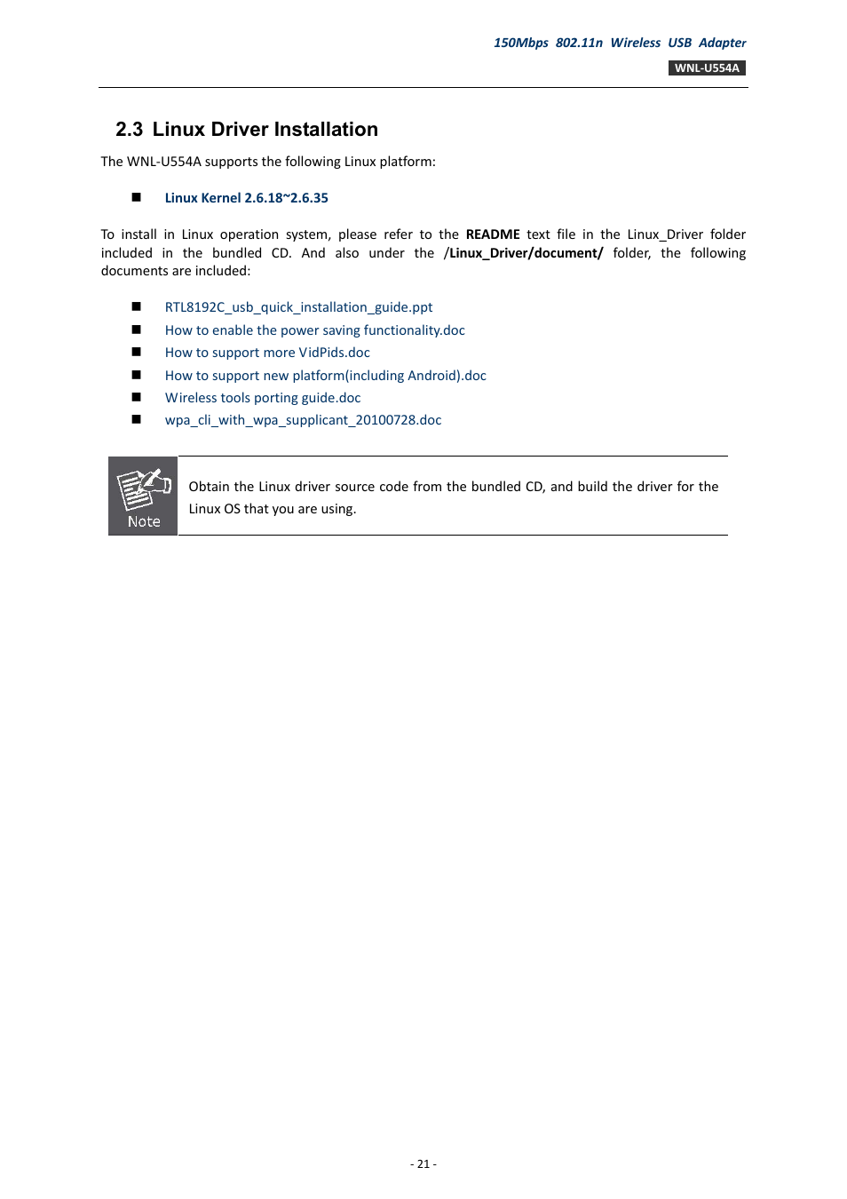 3 linux driver installation, Linux driver installation | PLANET WNL-U554A User Manual | Page 21 / 63