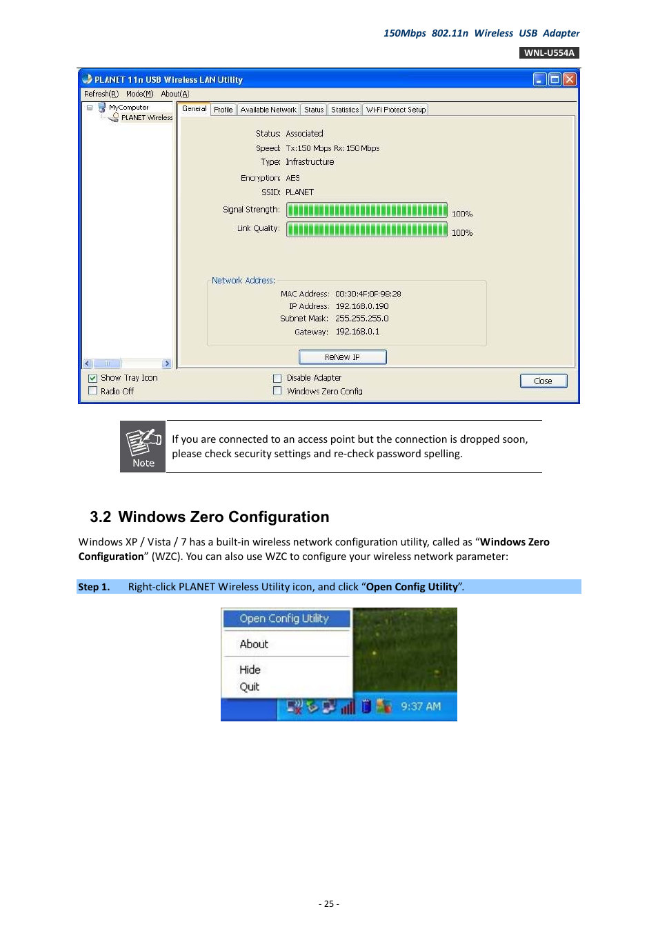 2 windows zero configuration, Windows zero configuration | PLANET WNL-U554A User Manual | Page 25 / 63