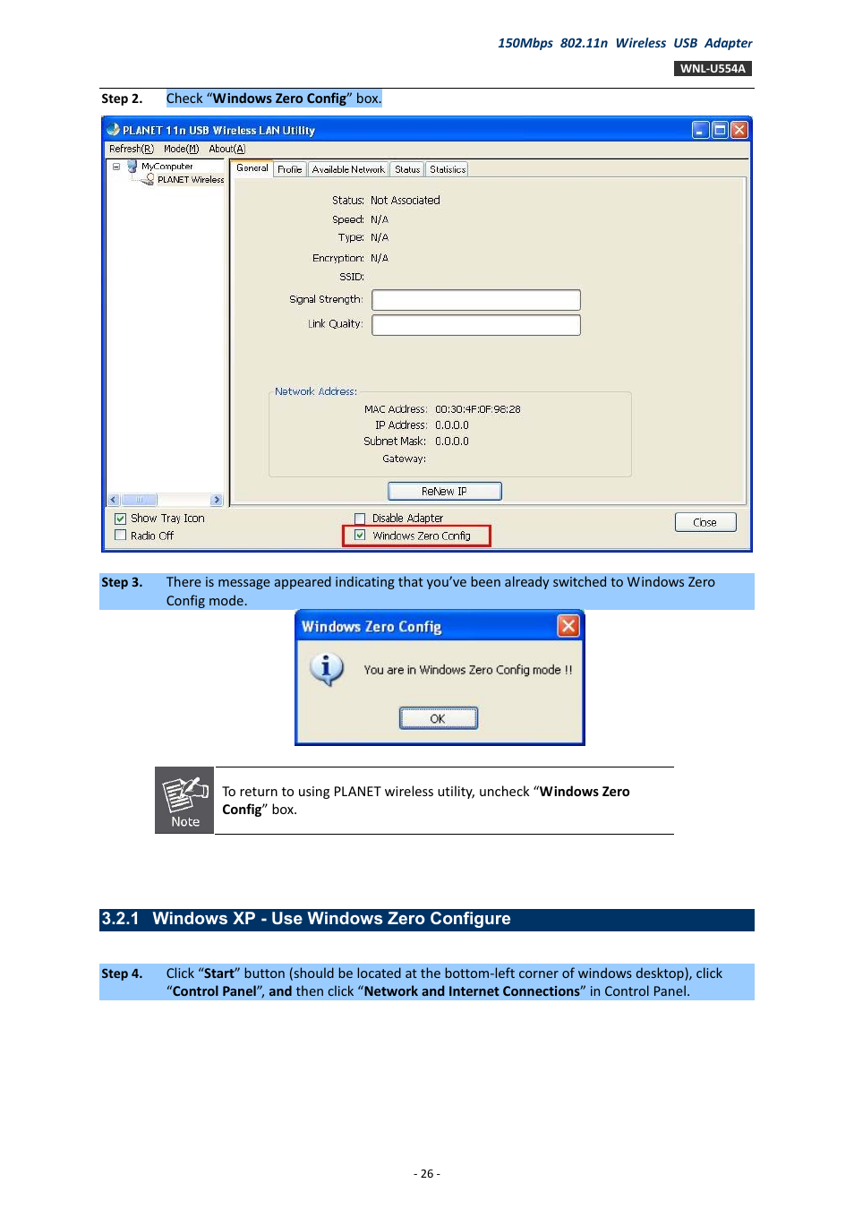 1 windows xp - use windows zero configure, Windows xp - use windows zero configure | PLANET WNL-U554A User Manual | Page 26 / 63
