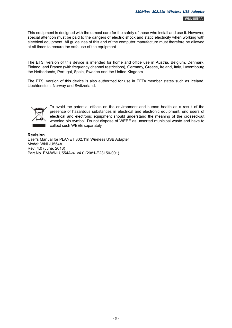 Safety, Eu countries intended for use, Weee regulation | PLANET WNL-U554A User Manual | Page 3 / 63