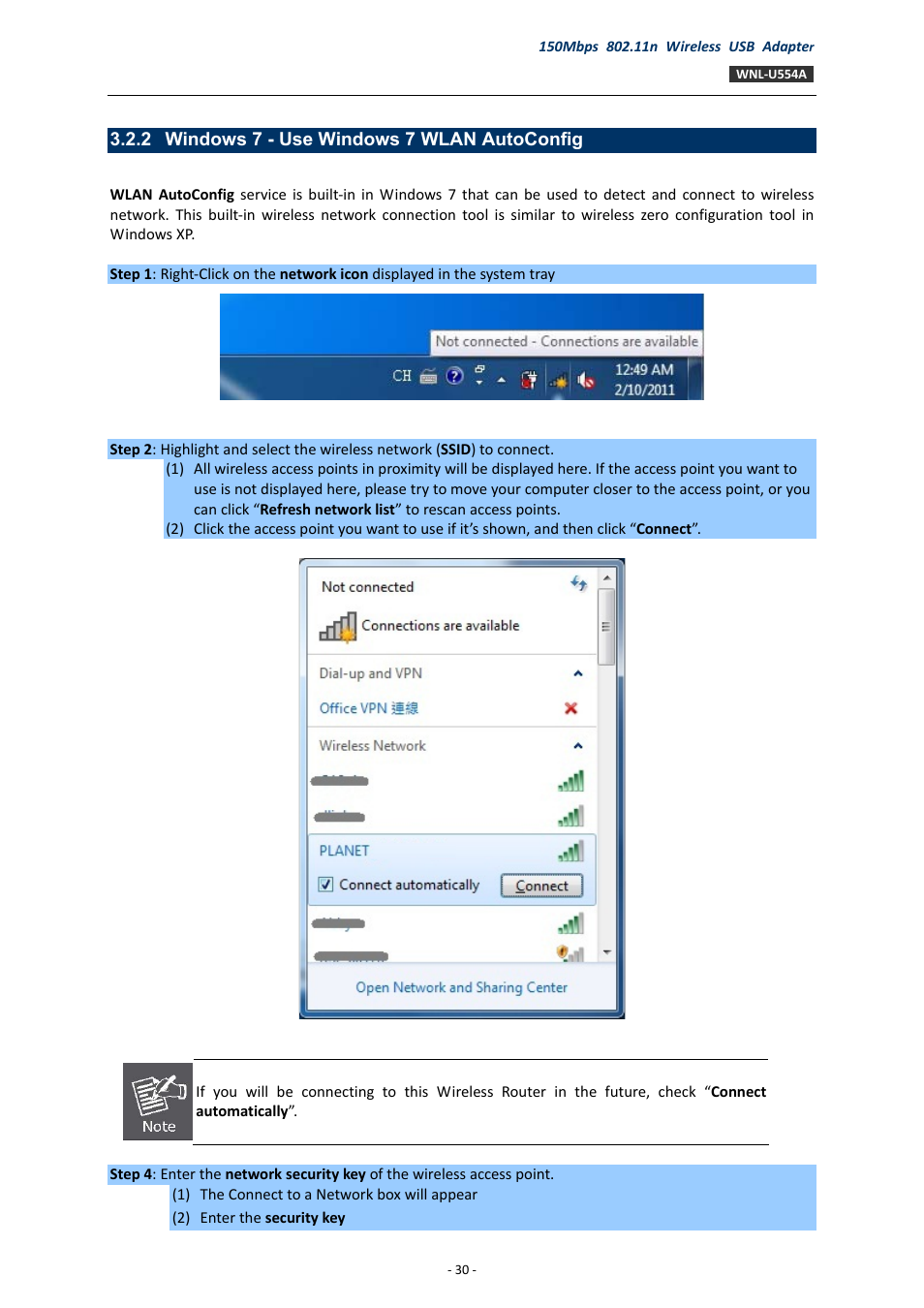 2 windows 7 - use windows 7 wlan autoconfig, Windows 7 - use windows 7 wlan autoconfig | PLANET WNL-U554A User Manual | Page 30 / 63