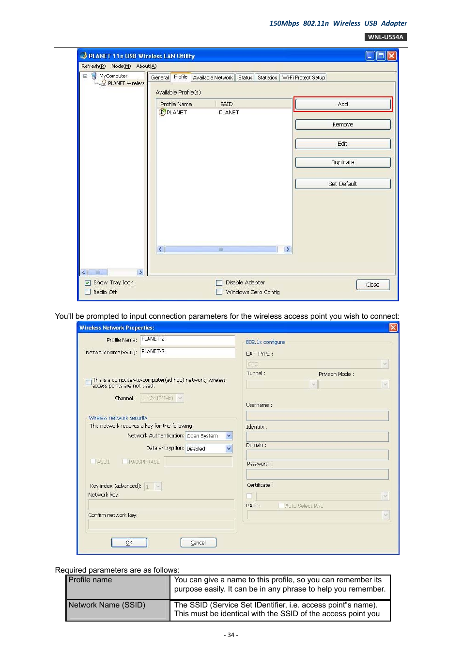 Remove an existing profile | PLANET WNL-U554A User Manual | Page 34 / 63