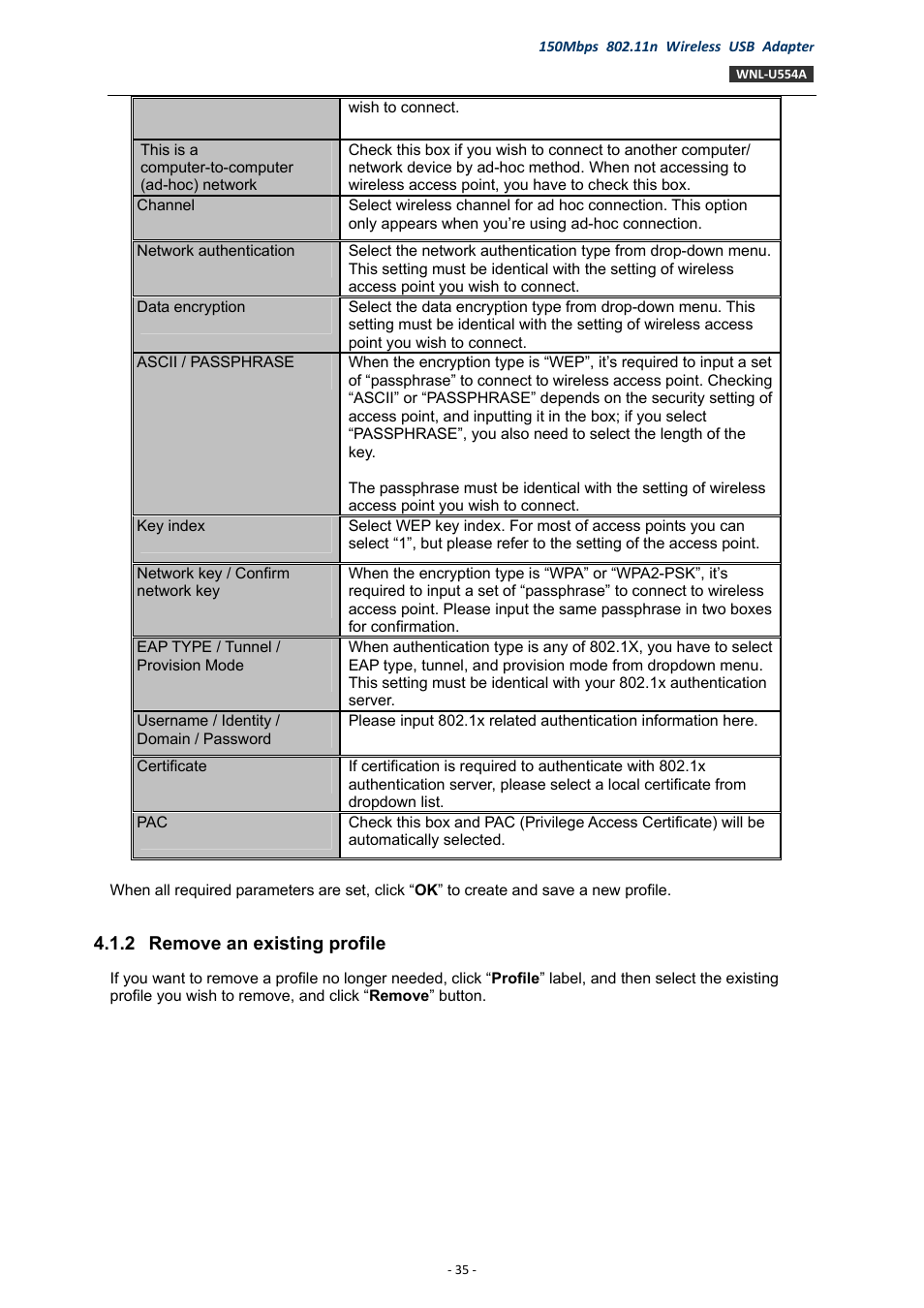 2 remove an existing profile | PLANET WNL-U554A User Manual | Page 35 / 63