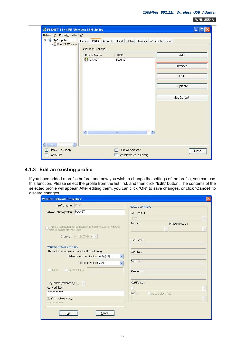 3 edit an existing profile, Edit an existing profile | PLANET WNL-U554A User Manual | Page 36 / 63