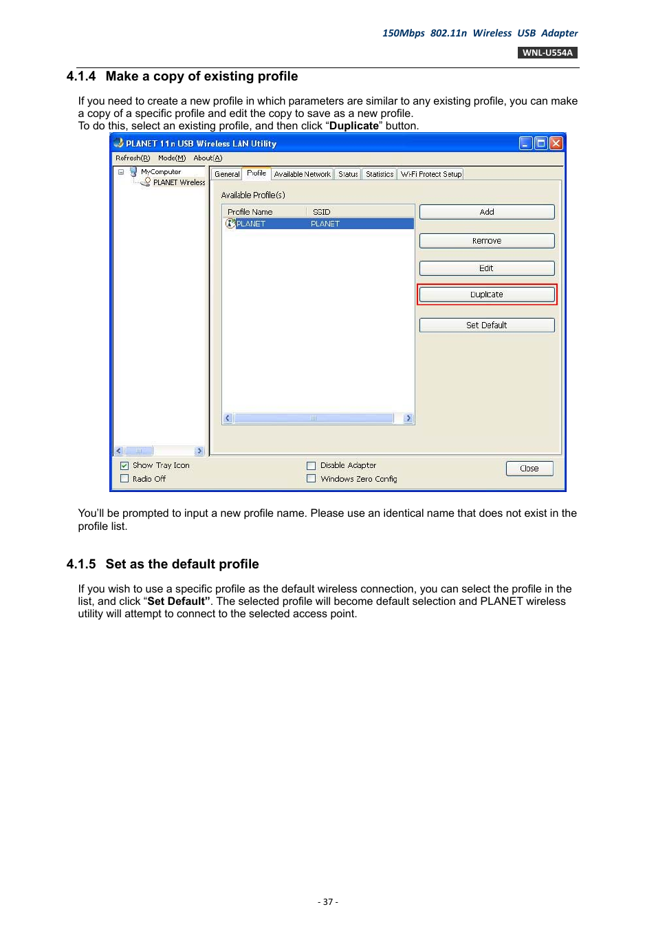 4 make a copy of existing profile, 5 set as the default profile, Make a copy of existing profile | Set as the default profile | PLANET WNL-U554A User Manual | Page 37 / 63