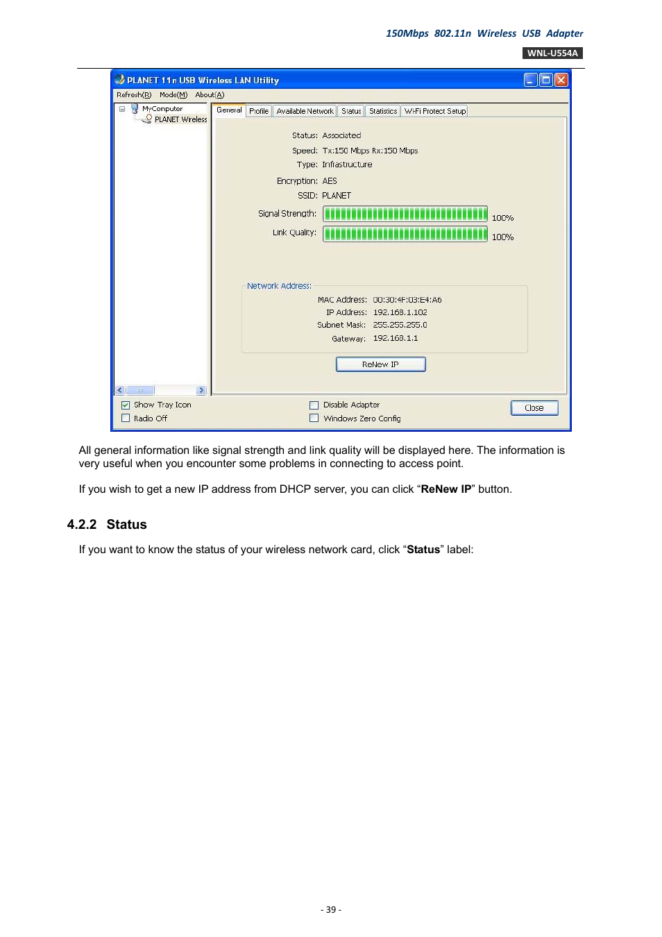 2 status, Status | PLANET WNL-U554A User Manual | Page 39 / 63