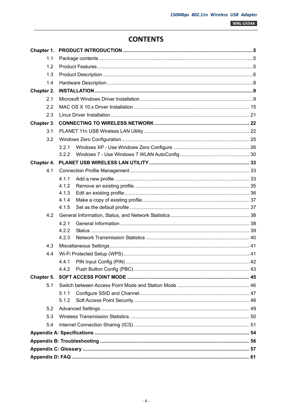 PLANET WNL-U554A User Manual | Page 4 / 63