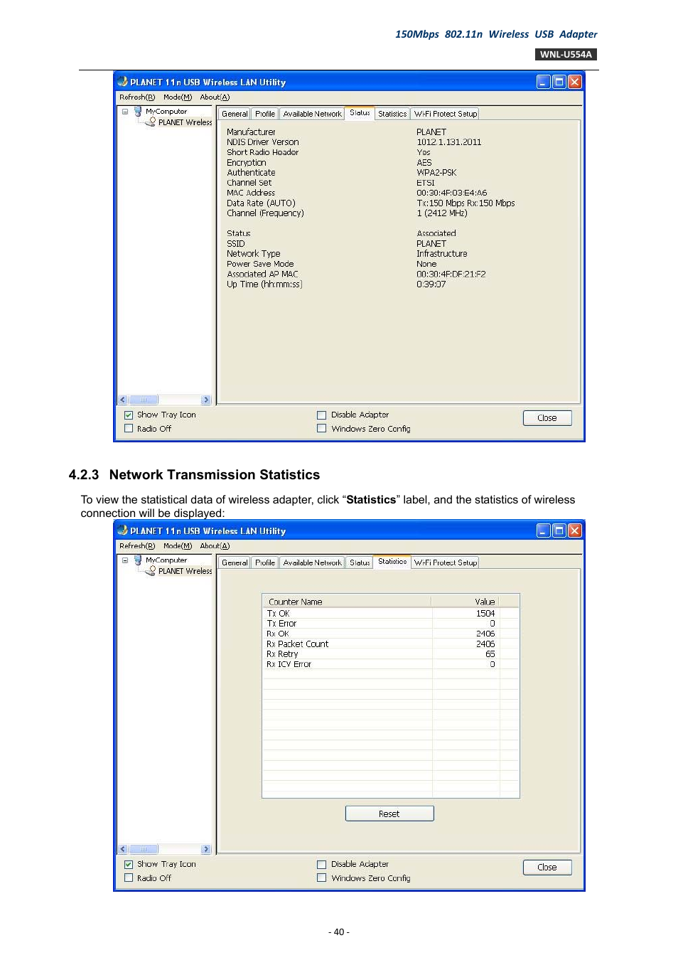 3 network transmission statistics, Network transmission statistics | PLANET WNL-U554A User Manual | Page 40 / 63