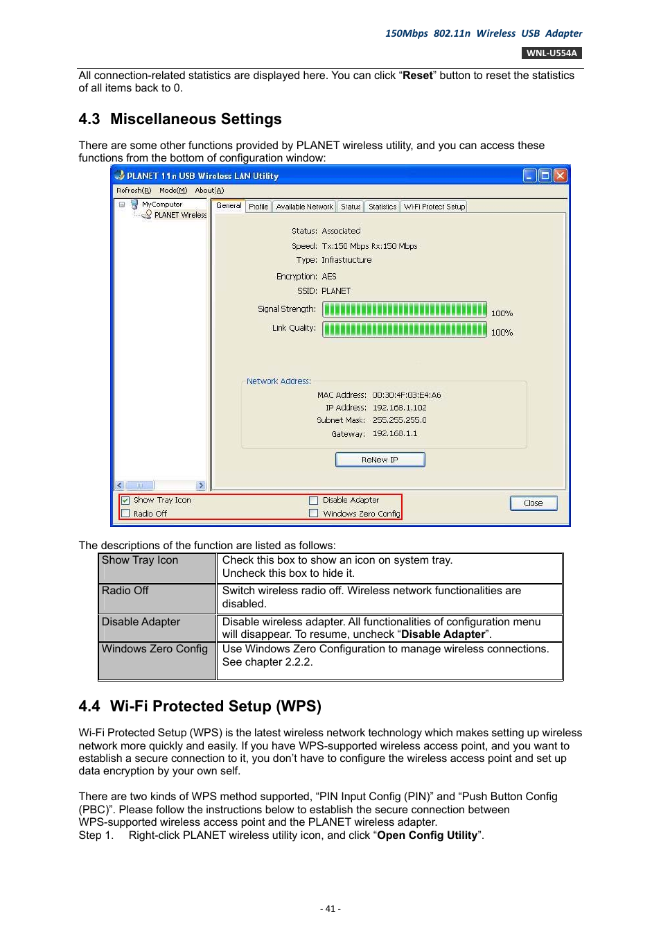 3 miscellaneous settings, 4 wi-fi protected setup (wps), Miscellaneous settings | Wi-fi protected setup (wps) | PLANET WNL-U554A User Manual | Page 41 / 63