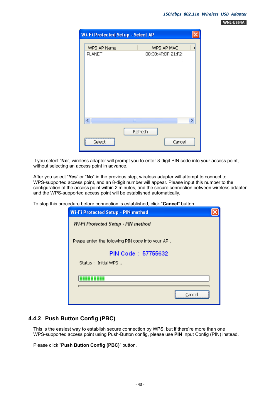 2 push button config (pbc), Push button config (pbc) | PLANET WNL-U554A User Manual | Page 43 / 63