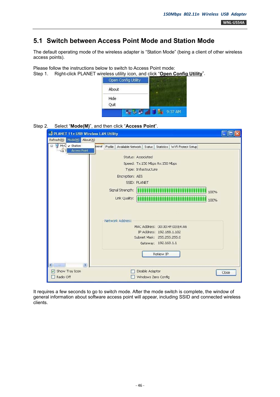 Switch between access point mode and station mode | PLANET WNL-U554A User Manual | Page 46 / 63