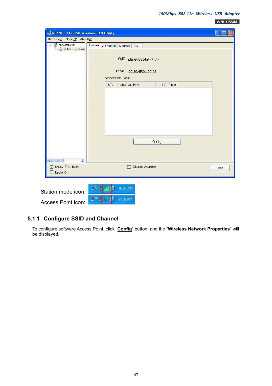 1 configure ssid and channel, Configure ssid and channel | PLANET WNL-U554A User Manual | Page 47 / 63