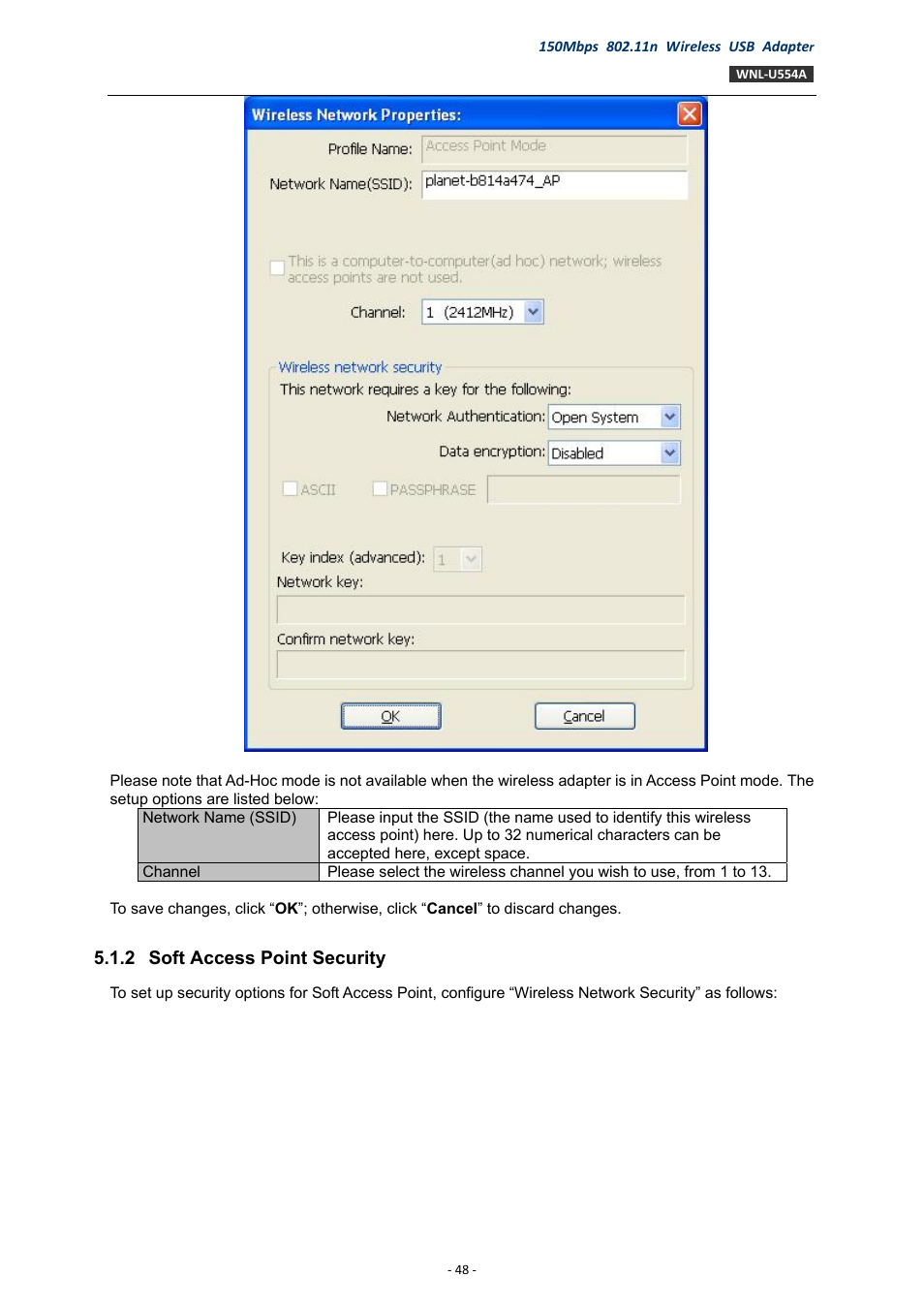 2 soft access point security, Soft access point security | PLANET WNL-U554A User Manual | Page 48 / 63