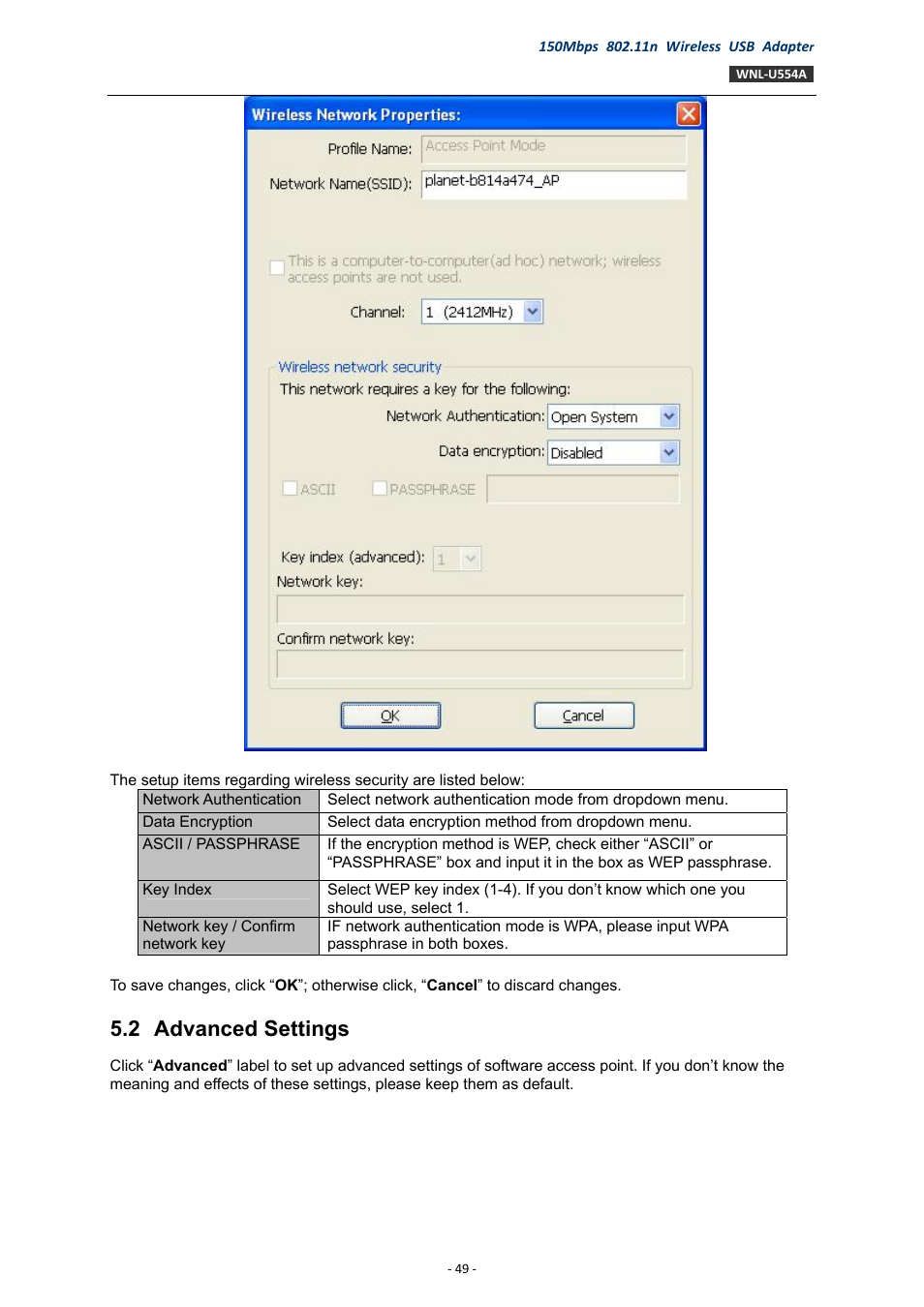 2 advanced settings, Advanced settings | PLANET WNL-U554A User Manual | Page 49 / 63