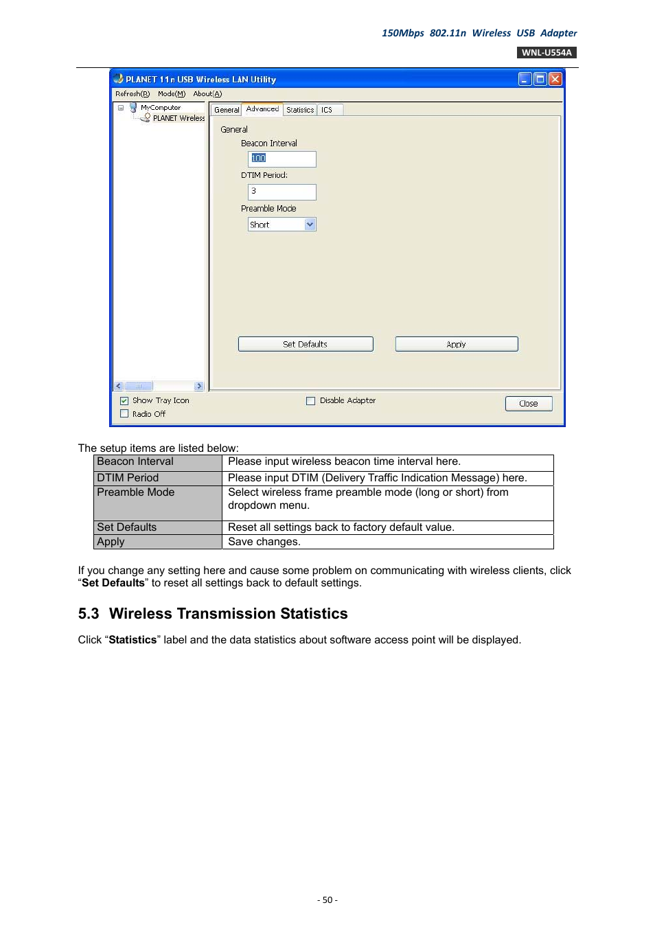 3 wireless transmission statistics, Wireless transmission statistics | PLANET WNL-U554A User Manual | Page 50 / 63
