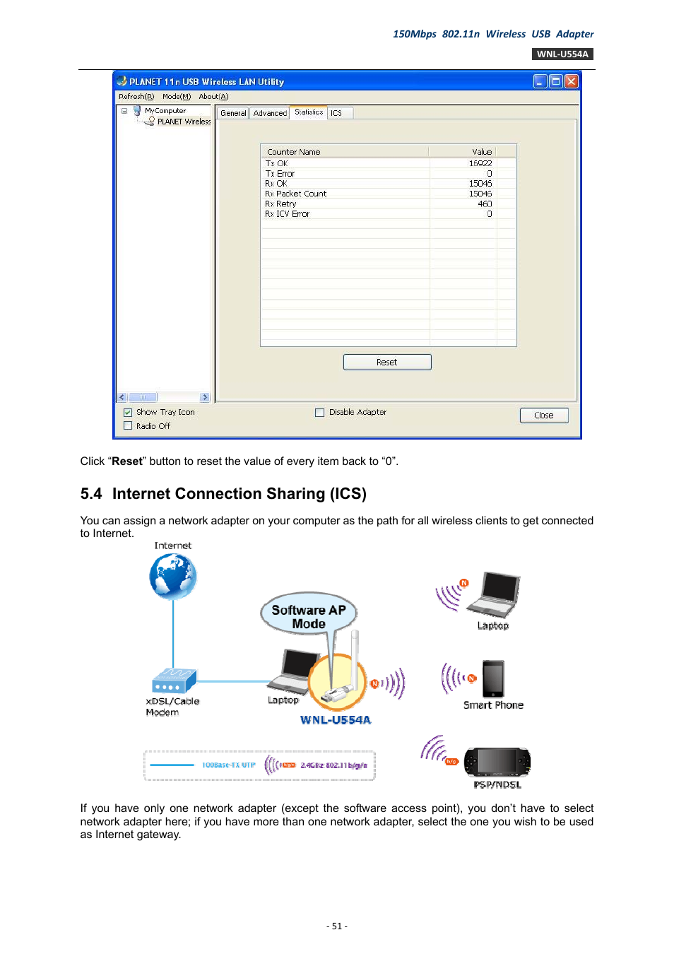 4 internet connection sharing (ics), Internet connection sharing (ics) | PLANET WNL-U554A User Manual | Page 51 / 63