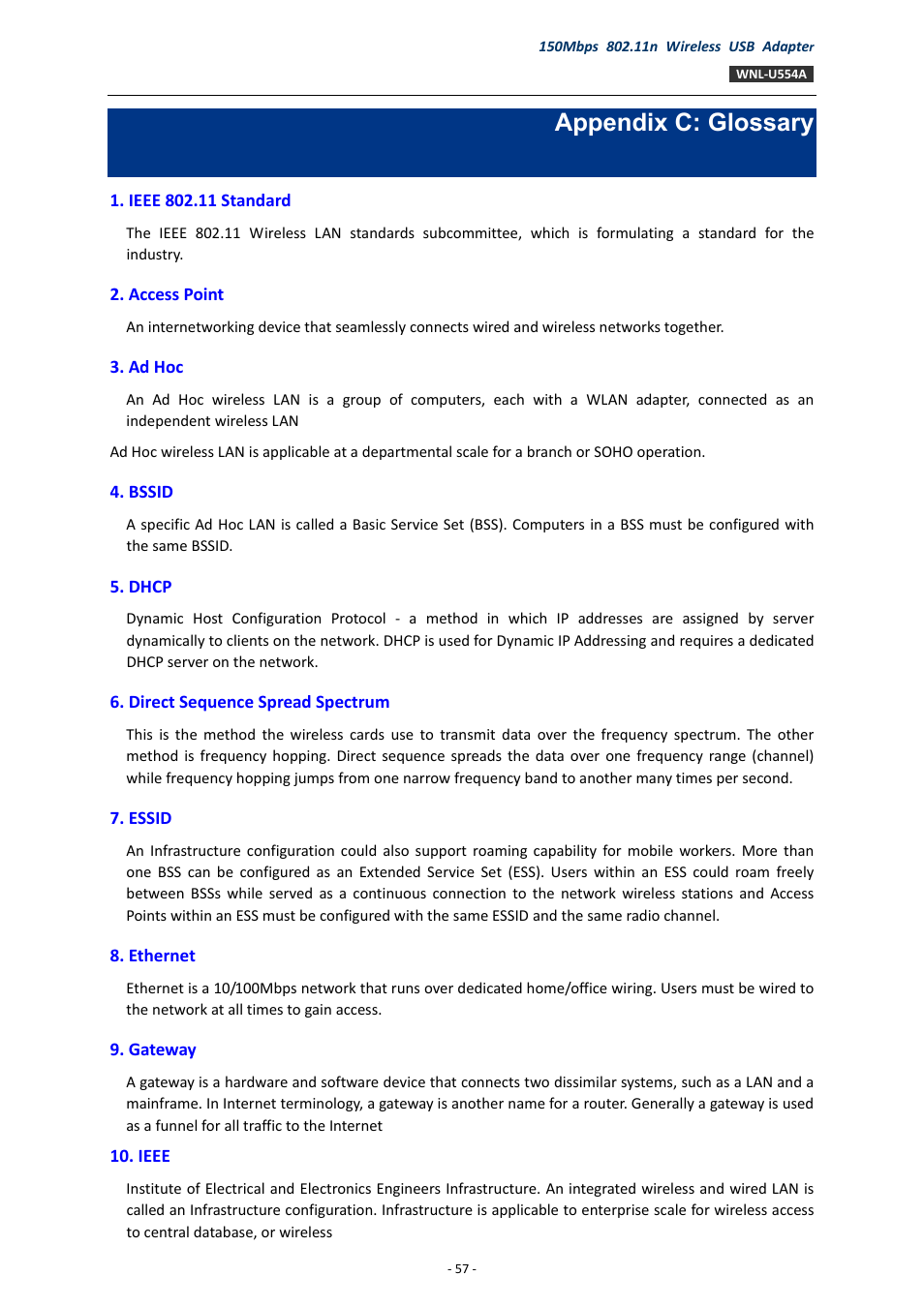 Appendix c: glossary | PLANET WNL-U554A User Manual | Page 57 / 63